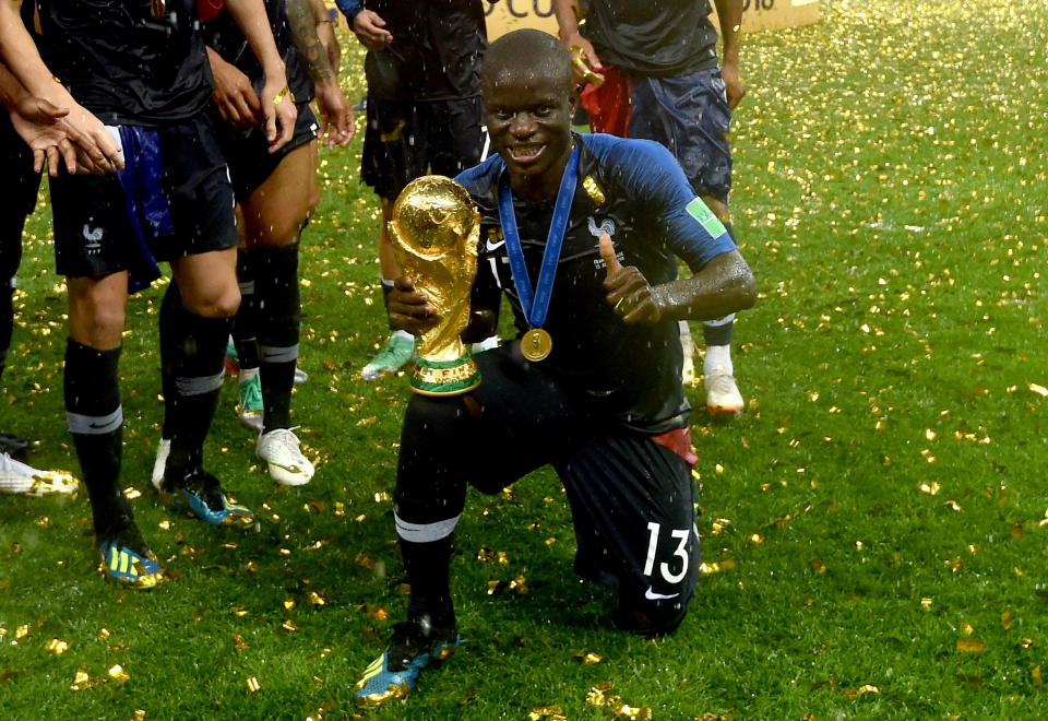 N’Golo Kante got to pose with the World Cup trophy – eventually