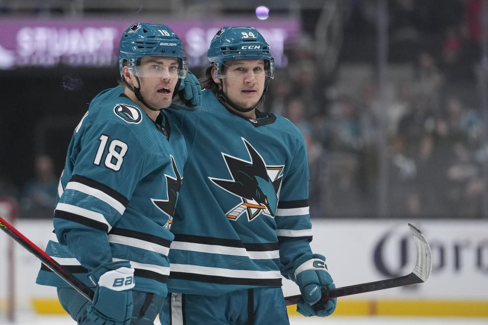 San Jose Sharks left wing Alexander Barabanov, right, celebrates with left wing Andreas Johnsson after scoring a goal against the St. Louis Blues during the first period of an NHL hockey game in San Jose, Calif., Thursday, March 2, 2023. (AP Photo/Godofredo A. Vásquez)