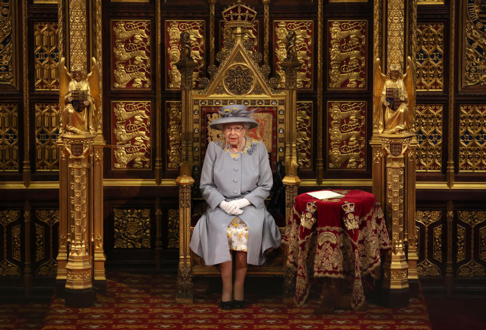 LONDON, ENGLAND - MAY 11:  Queen Elizabeth II delivers the Queen's Speech in the House of Lord's Chamber during the State Opening of Parliament at the House of Lords on May 11, 2021 in London, England. (Photo by Chris Jackson - WPA Pool/Getty Images)