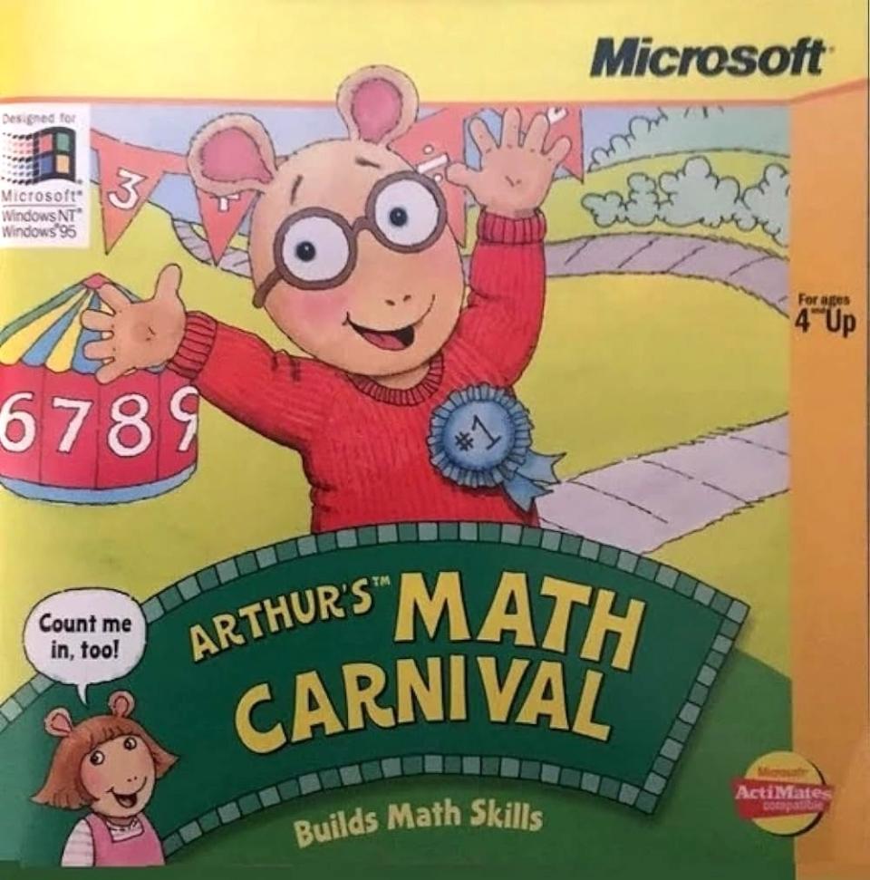 Arthur from "Arthur's Math Carnival" game cover raises hands excitedly, with math symbols and carnival elements around