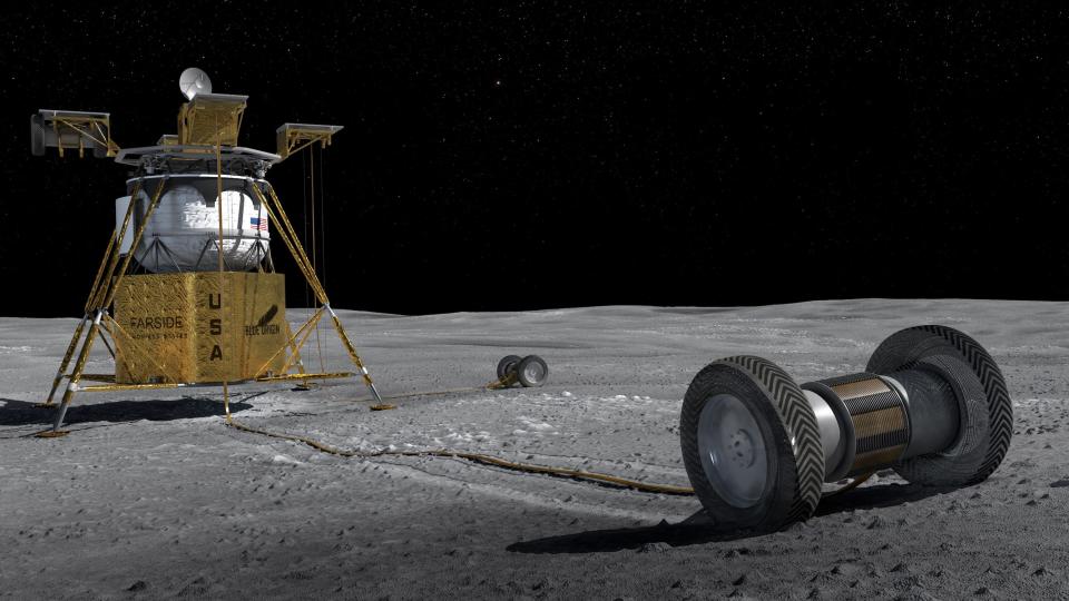 moon lander with four gold legs and gold body on grey moon surface with two spools of tether rolling out from it artists rendering
