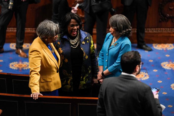 (L-R) Representatives Brenda Lawrence, Terri Sewell, and Lisa Blunt Rochester, Democrats, ahead of President Joe Biden&#39;s State of the union address to Congress in the Capitol on March 1, 2022 in Washington, DC.