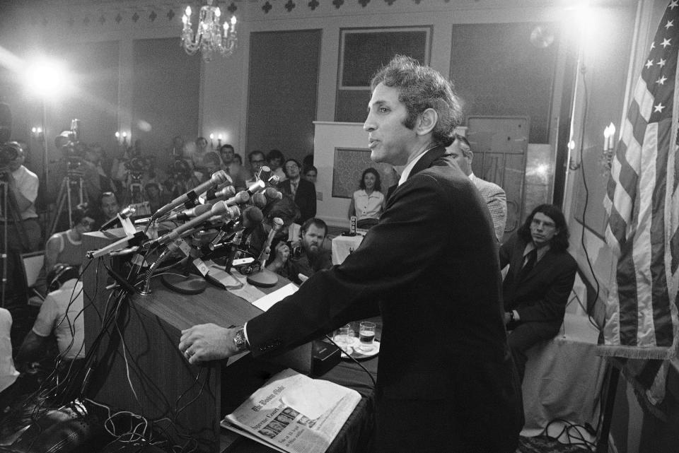 Dr. Daniel Ellsberg faces a battery of microphones at a news conference in Cambridge on Thursday, July 1, 1971. Ellsberg charged that government secrecy has led to the deaths of 50,000 Americans in Vietnam.