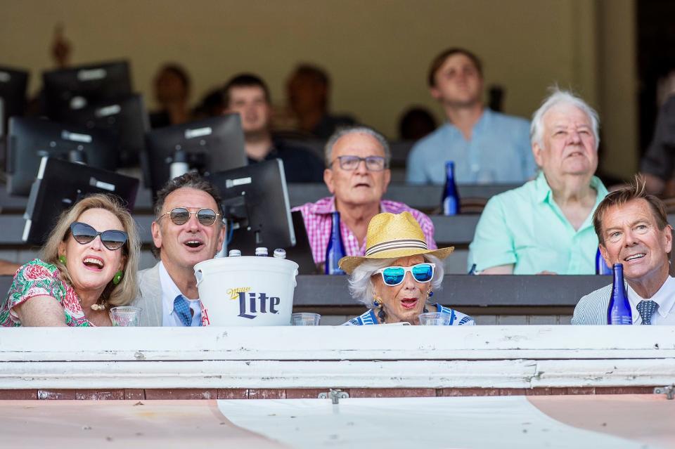 104-year-old Palm Beach resident Jane Smith was spotted at the historic Saratoga Race Course last week with her daughter Jay Keith and  Palm Beach residents  John Tatooles and Victor Moore. Photo by ERIKA MIILER