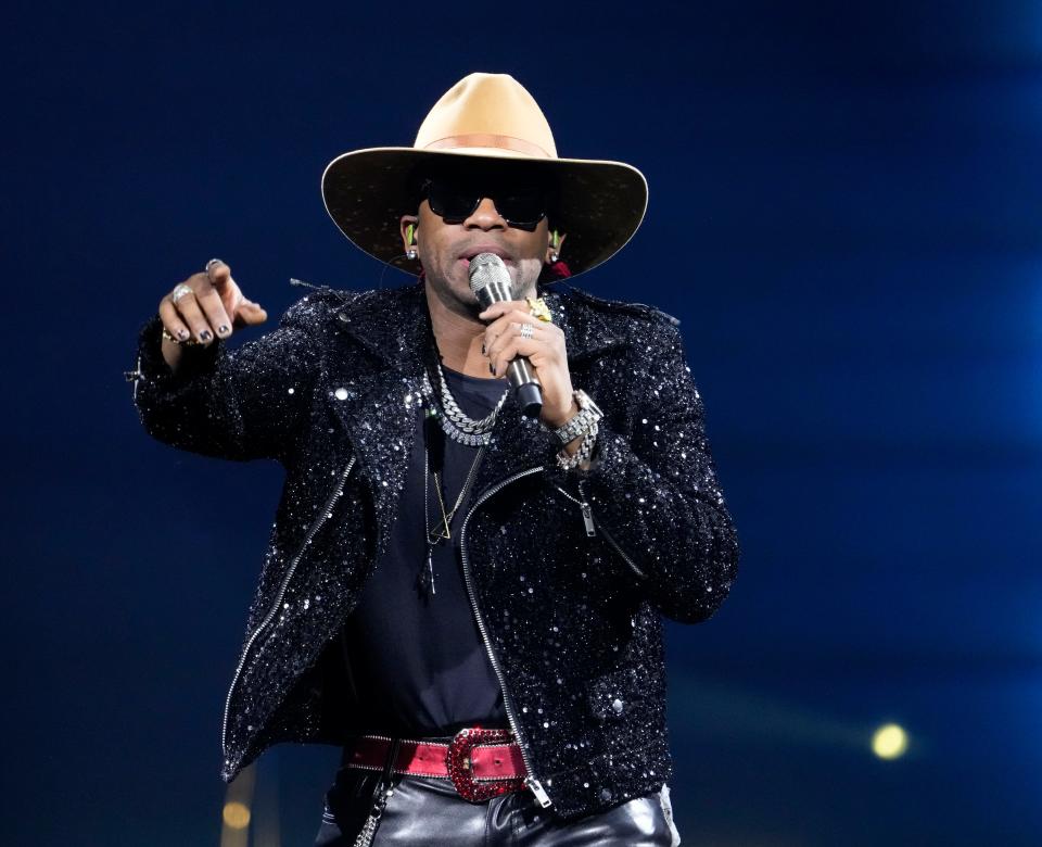 March 4, 2023; Columbus, Ohio, USA; Country music singer Jimmie Allen opened for Carrie Underwood at Nationwide Arena in Columbus on Saturday.Mandatory Credit: Barbara J. Perenic/Columbus Dispatch