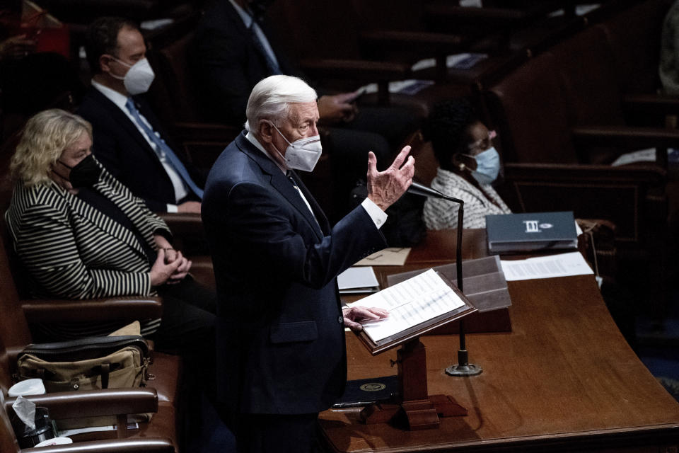 Majority Leader Steny Hoyer, D-Md., speaks in the House Chamber after they reconvened for arguments over the objection of certifying Arizona’s Electoral College votes in November’s election, at the Capitol in Washington, Wednesday, Jan. 6, 2021. (Erin Schaff/The New York Times via AP, Pool)