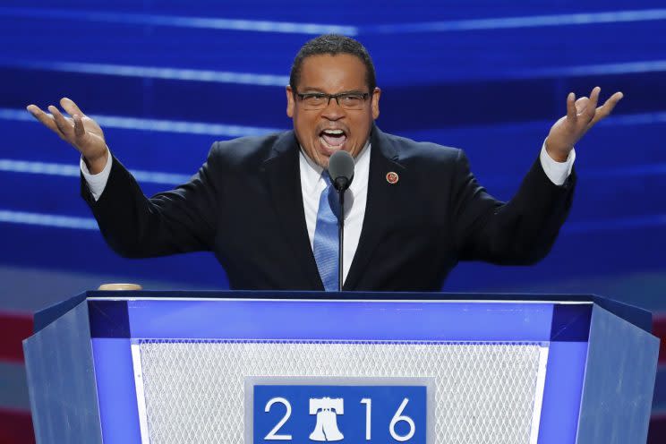 Rep. Keith Ellison, D-Minn., speaks during the first day of the Democratic National Convention in Philadelphia , Monday, July 25, 2016. (AP Photo/J. Scott Applewhite)