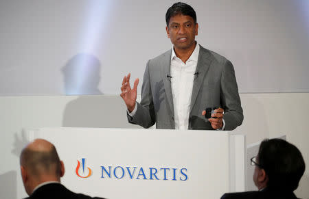 FILE PHOTO: CEO Vas Narasimhan of Swiss drugmaker Novartis addresses the company's annual news conference in Basel, Switzerland January 30, 2019. REUTERS/Arnd Wiegmann/File Photo