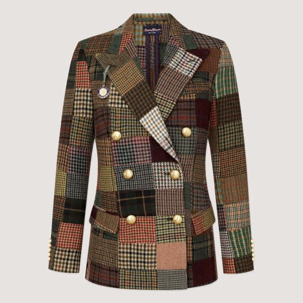 <p>Rowing Blazers Patchwork Tweed Diana Blazer, $895, <a href="https://rowingblazers.com/collections/womens-blazers/products/patchwork-double-breasted-blazer" rel="nofollow noopener" target="_blank" data-ylk="slk:available here;elm:context_link;itc:0;sec:content-canvas" class="link ">available here</a>.</p>