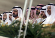 <p><span>United Arab Emirates' Vice President and Prime Minister, and Ruler of Dubai, Sheikh Mohammed bin Rashid al-Maktoum attend the opening ceremony of the International Defence Exhibition and Conference (IDEX) at the Abu Dhabi National Exhibition Centre in the Emirati capital on February 17, 2013.</span></p>