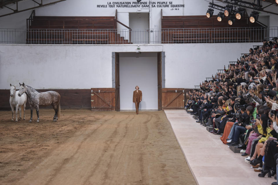 A model wears a creation as part of the Stella McCartney Fall/Winter 2023-2024 ready-to-wear collection presented Monday, March 6, 2023 in Paris. (Vianney Le Caer/Invision/AP)