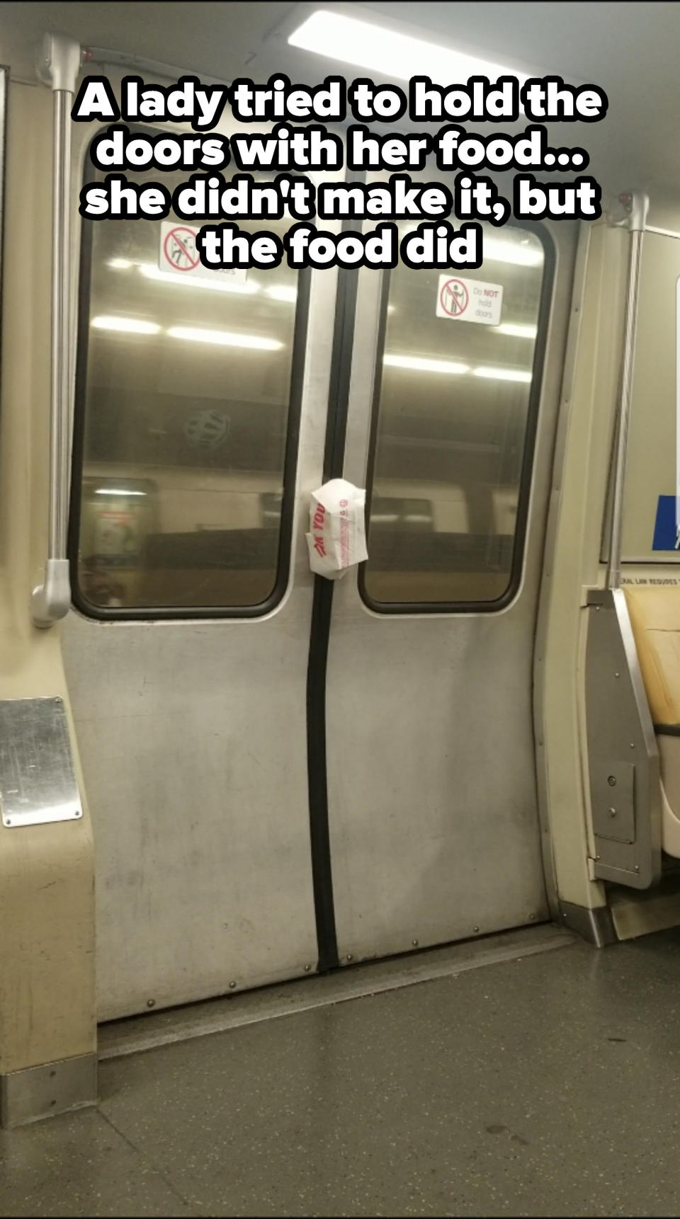 A bag of food wedged between closed subway doors