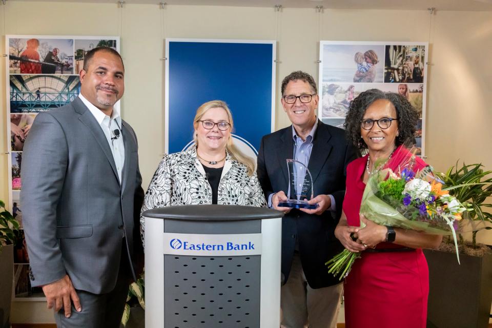From left to right are Quincy Miller (Vice Chair and President, Eastern Bank); Nancy Huntington Stager (President and CEO, Eastern Bank Foundation); Steve Saltzman (President and CEO, New Hampshire Community Loan Fund); and Debby Miller (EVP of Strategic Partnerships and Philanthropy, New Hampshire Community Loan Fund).