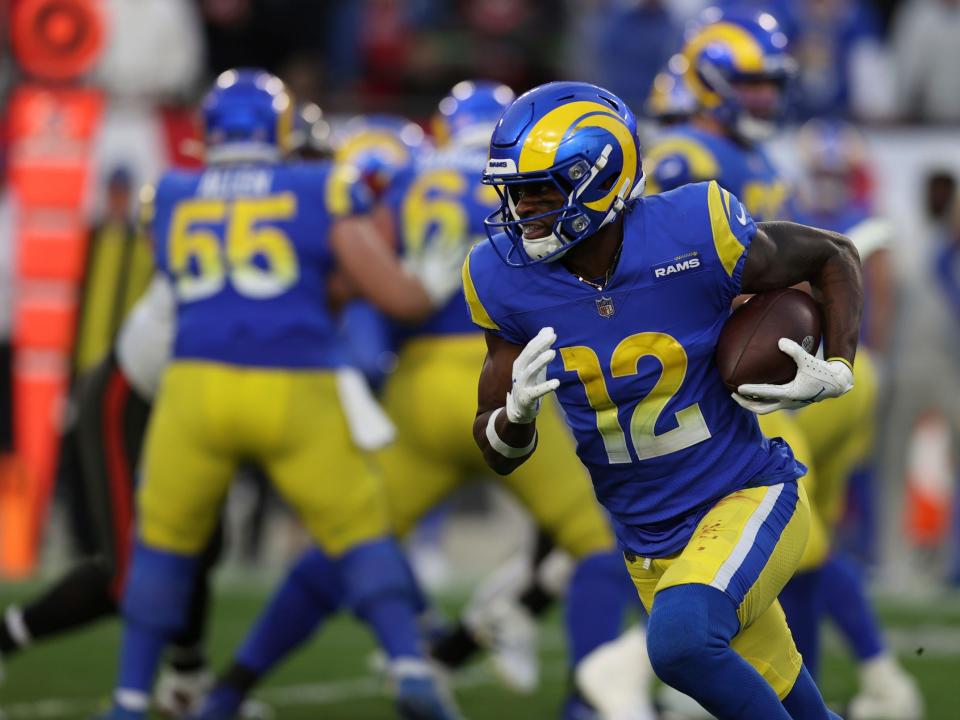 Van Jefferson runs after a catch against the Tampa Bay Buccaneers.