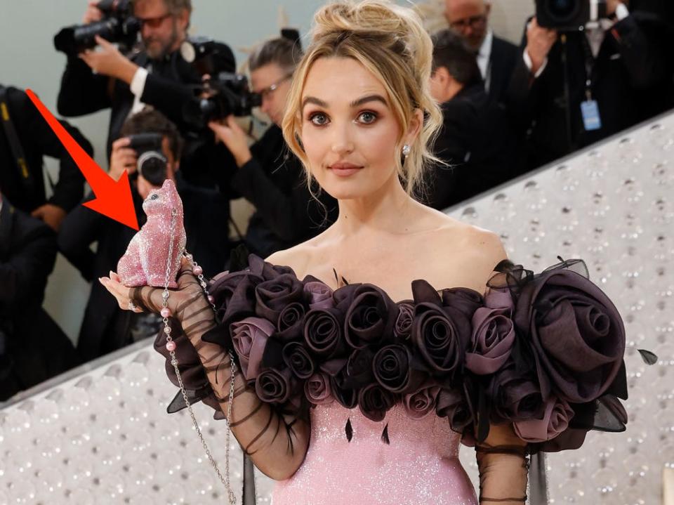 chloe fineman at met gala holding cat purse with arrow pointing to it