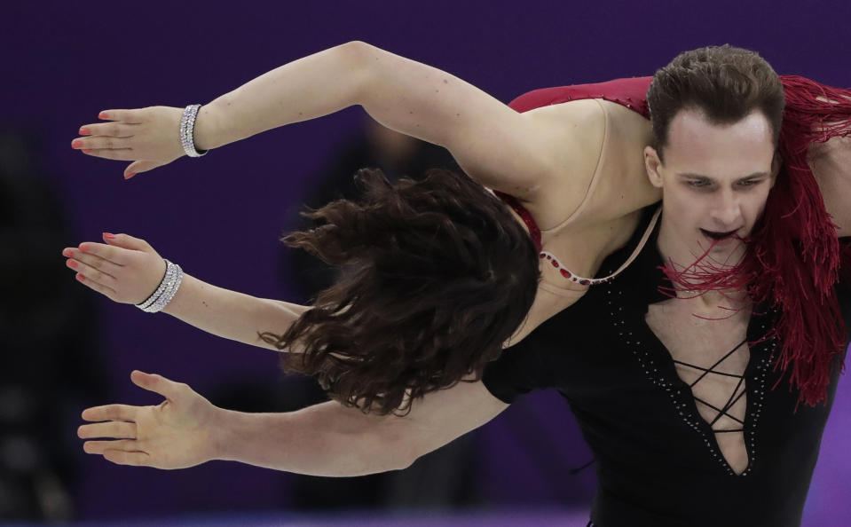 <p>Natalia Kaliszek and Maksym Spodyriev of Poland perform during the ice dance, short dance figure skating in the Gangneung Ice Arena at the 2018 Winter Olympics in Gangneung, South Korea, Monday, Feb. 19, 2018. (AP Photo/Julie Jacobson) </p>