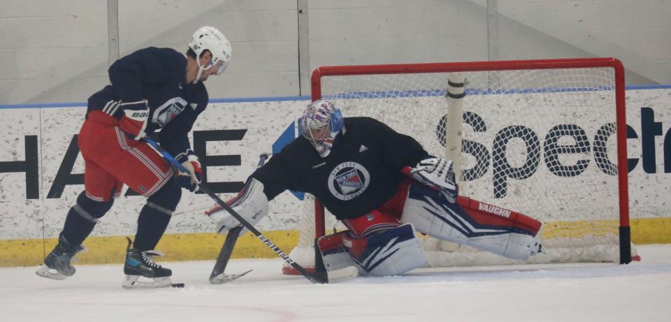 New York Rangers Vincent Trocheck and goalie Jonathan Quick are pictured during a training session at their facility in Tarrytown, Sept. 22, 2023.