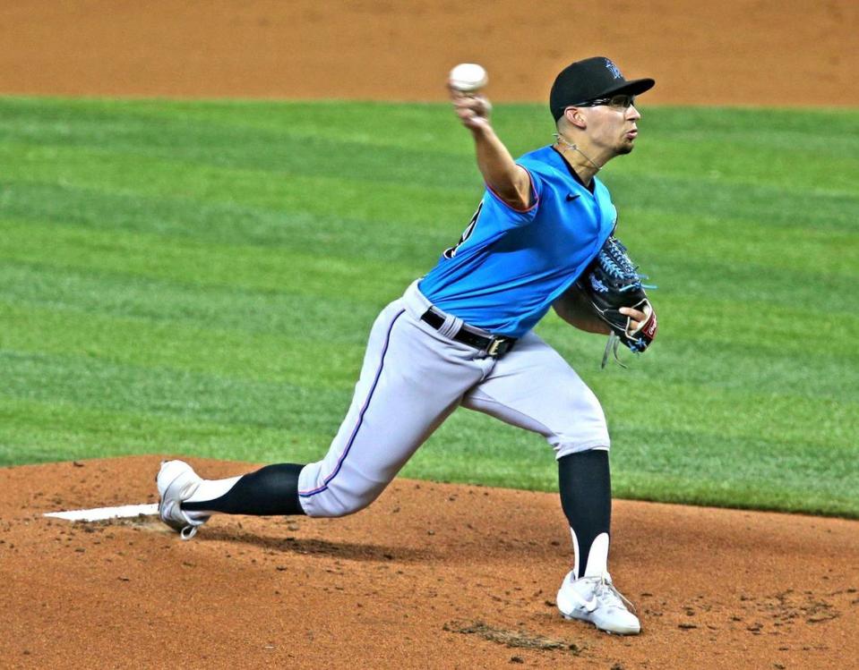 Miami Marlins pitcher Robert Dugger (64) during a simulated game at Marlins Park in Miami, Florida, July 13, 2020.