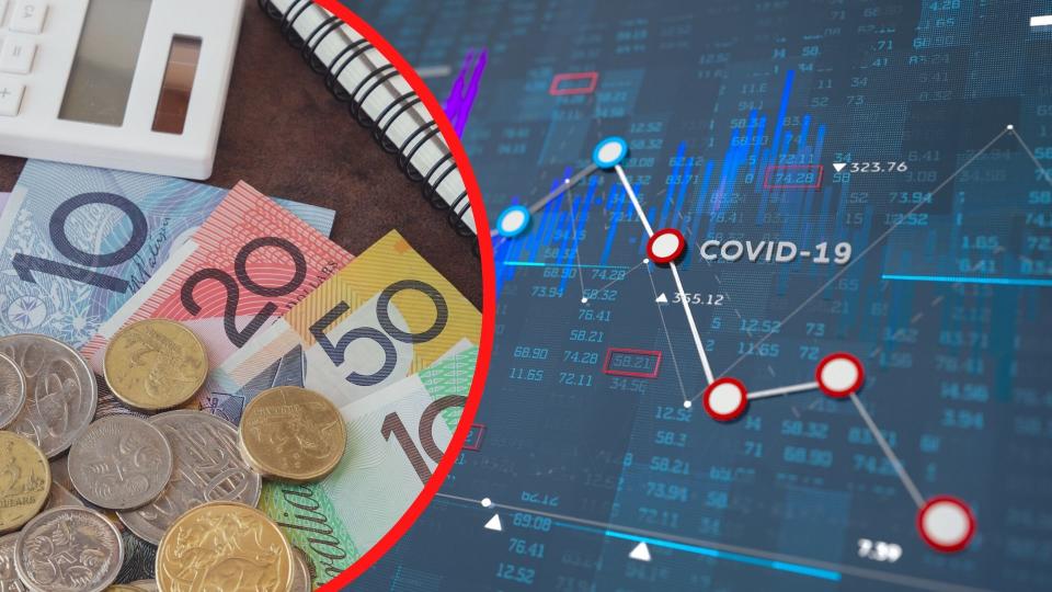 Pictured: Australian cash, Covid-19 stock chart suggesting superannuation losses. Images: Getty