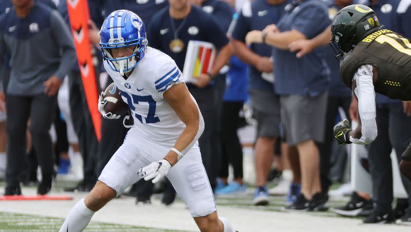 BYU wide receiver Chase Roberts runs after a catch against Oregon at Autzen Stadium in Eugene, Ore., on Saturday, Sept. 17, 2022.