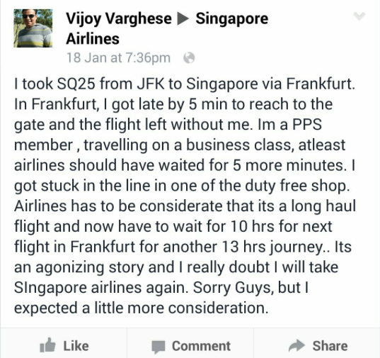 A screenshot of Mr. Varghese's post on SIA's Facebook page.