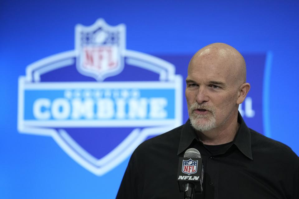 Washington Commanders head coach Dan Quinn speaks during a news conference at the NFL football scouting combine, Tuesday, Feb. 27, 2024, in Indianapolis. (AP Photo/Darron Cummings)