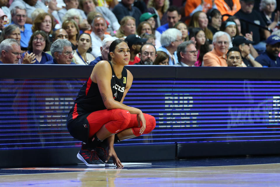 UNCASVILLE, CT - AUGUST 23: Las Vegas AcesLiz Cambage is not expected to play in the WNBA season in Florida due to health reasons related to the coronavirus pandemic. center Liz Cambage (8) waits to enter the game during a WNBA game between Las Vegas Aces and Connecticut Sun on August 23, 2019, at Mohegan Sun Arena in Uncasville, CT. (Photo by M. Anthony Nesmith/Icon Sportswire via Getty Images)