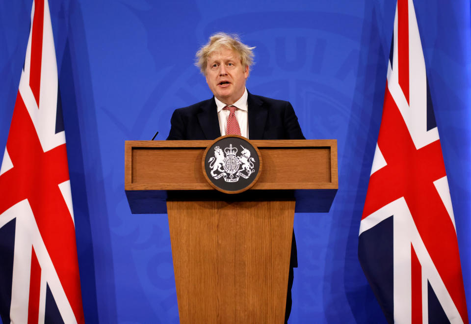 Prime Minister Boris Johnson during a media briefing in Downing Street, London, to outline the Government's new long-term Covid-19 plan. Picture date: Monday February 21, 2022. (Photo by Tolga Akmen/PA Images via Getty Images)