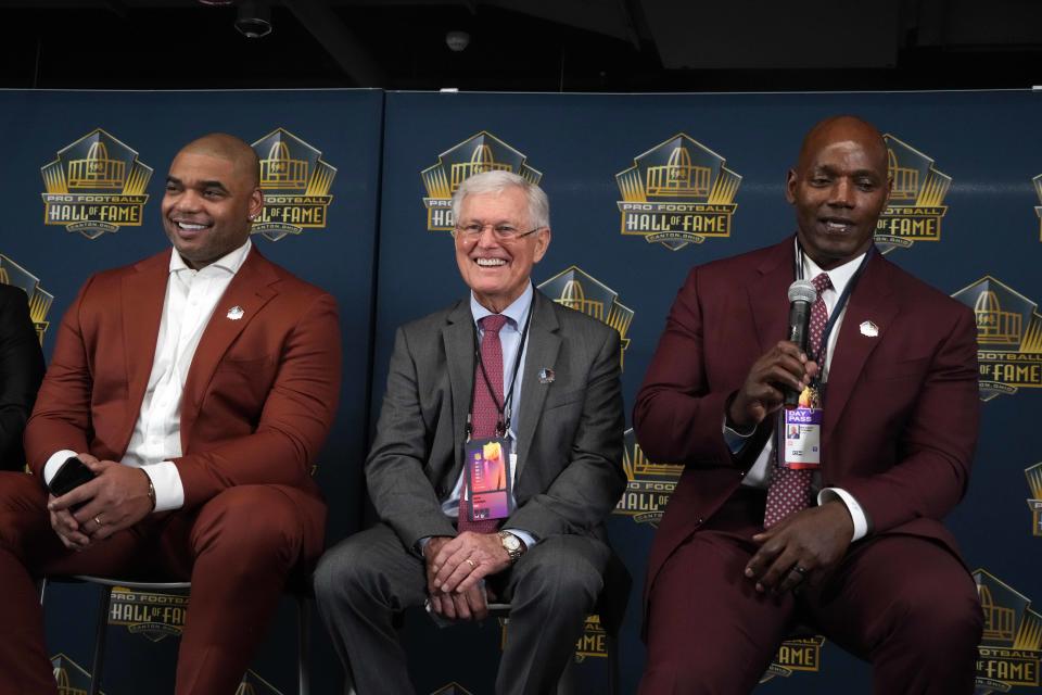 Pro Football Hall of Fame Class of 2022 members (from left) Richard Seymour, Dick Vermeil and Bryant Young talk to the media after the NFL Honors program, Feb. 10, 2022, in Los Angeles.