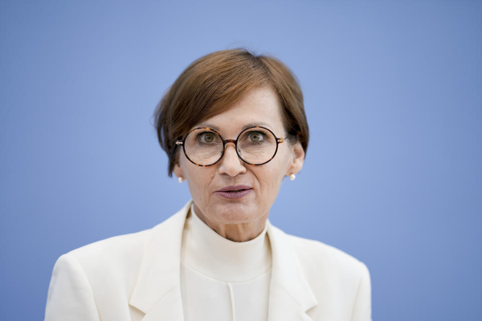 Germany's Science Minister Bettina Stark-Watzinger attends a news conference to present the government's new strategy for supporting research into nuclear fusion, a technology some hope will some day provide almost unlimited, clean energy, in Berlin, Germany, Thursday, June 22, 2023. (AP Photo/Markus Schreiber)