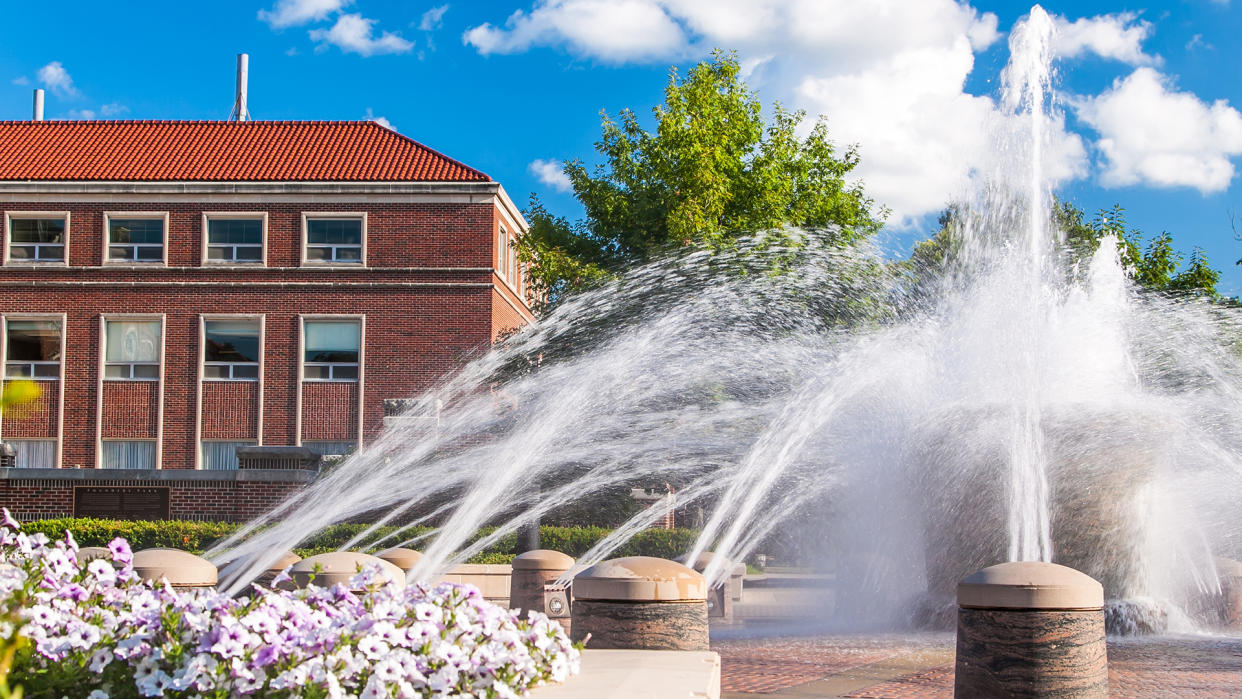 View of the fountain in the campus of Purdue University, West Lafayette, Indiana, in summer - Image.