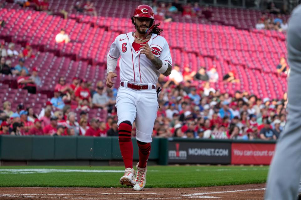 Reds second baseman Jonathan India's aggressive baserunning started a four-run first inning for the Reds on Wednesday against the Cardinals.