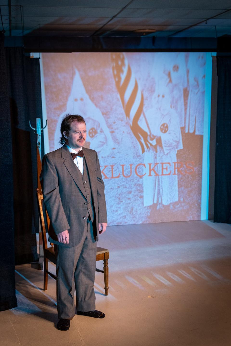 Tiemen Godwalt plays 1920s Indianapolis Times editor Boyd Gurley in “Kluckers: Indiana and the 1920’s Ku Klux Klan,” an original play by James Geisel produced by The Acting Ensemble and The History Museum with performances May 19 to June 4, 2022, at both organizations.