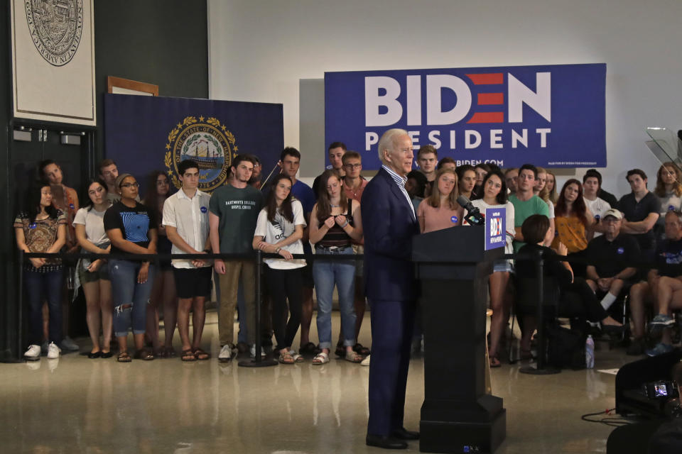 Democratic presidential candidate former Vice President Joe Biden speaks during a campaign event at Dartmouth College, Friday, Aug. 23, 2019, in Hanover, N.H. (AP Photo/Elise Amendola)