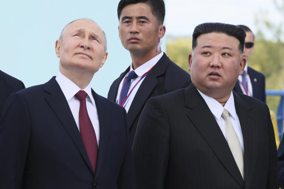 Russian President Vladimir Putin and North Korea's leader Kim Jong Un examine a launch pad of Soyuz rockets during their meeting at the Vostochny cosmodrome outside the city of Tsiolkovsky, about 200 kilometers (125 miles) from the city of Blagoveshchensk in the far eastern Amur region, Russia, on Wednesday, Sept. 13, 2023. (Mikhail Metzel, Sputnik, Kremlin Pool Photo via AP)