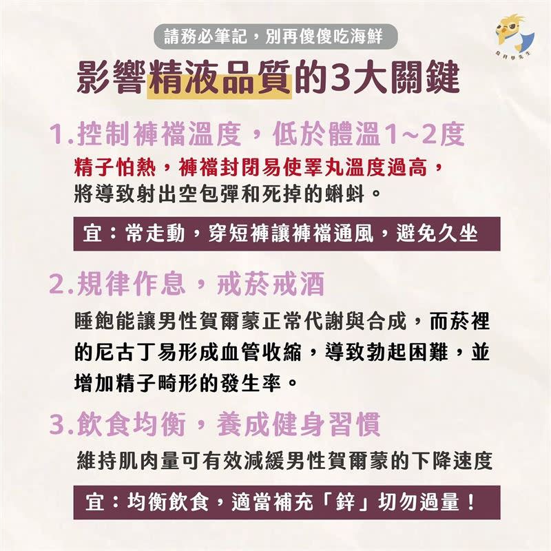 顧芳瑜建議男士們戒菸戒酒。（圖／翻攝自鳥科學先生-泌尿科顧芳瑜醫師臉書）