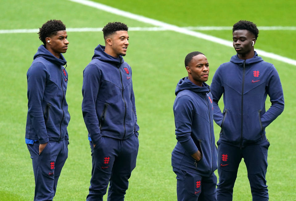 File photo dated 29-06-2021 of England's Marcus Rashford, Jadon Sancho, Raheem Sterling, and Bukayo Saka. Issue date: Wednesday July 14th, 2021.