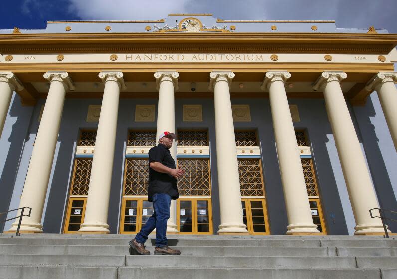 John Darpli, who is an alfalfa broker and softball coach, is president of the 1776 Sons of Liberty, shown in Civic Center Park where they are based in Hanford, Calif., Wednesday, Feb. 21, 2024. The Sons of Liberty are a grassroots, ultraconservative organization, who believe Democrats and liberals are endangering the U.S. Constitution.