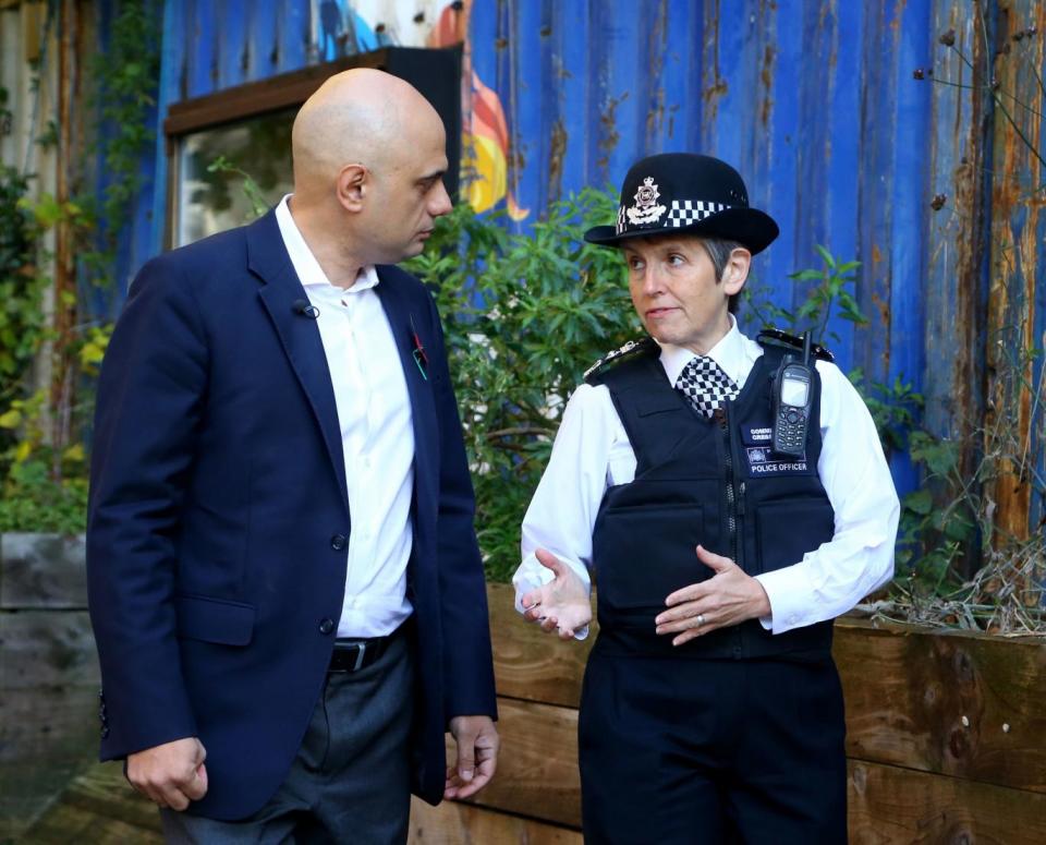 Home Secretary Sajid Javid and Metropolitan Police Commissioner Cressida Dick during a visit to Brixton, south London