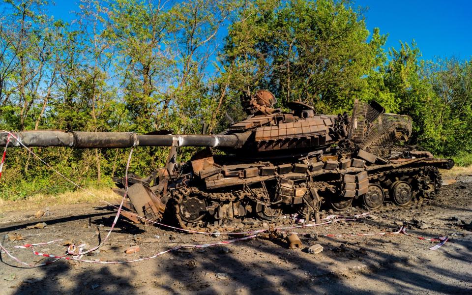 Russian tanks destroyed by the Ukrainian armed forces to the north of Kharkiv