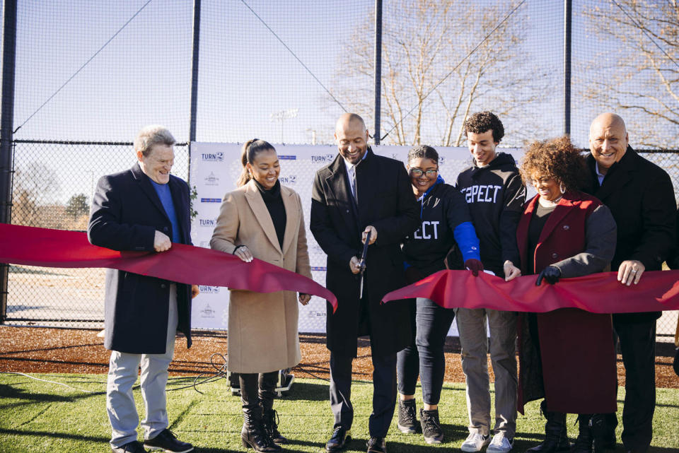 Derek Jeter and Cal Ripken Jr. at ribbon-cutting ceremony for new Kalamazoo fields. (Taylor Baucom / Turn 2 Foundation)