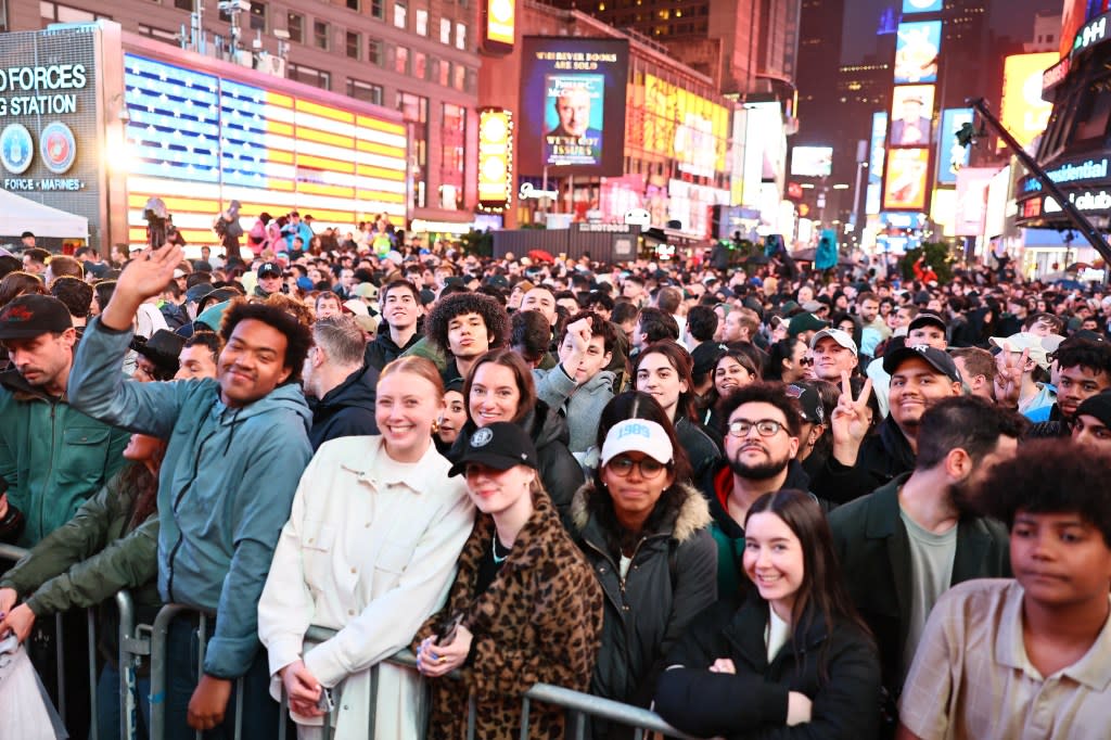 Dua Lipa’s surprise pop-up performance brought fans out to fill Times Square on Sunday night. Getty Images