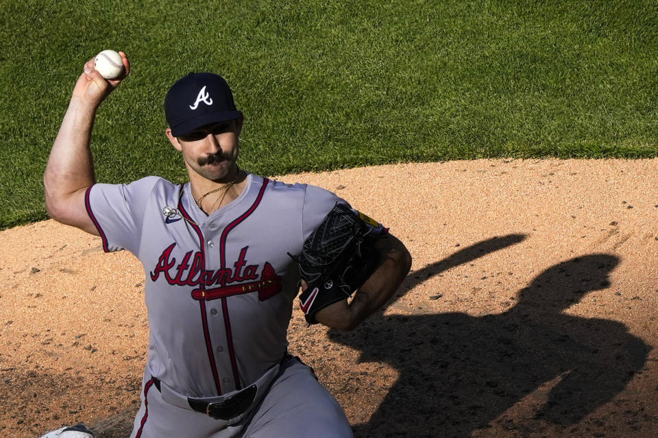Atlanta Braves' Spencer Strider pitches during the fifth inning of an opening-day baseball game against the Philadelphia Phillies, Friday, March 29, 2024, in Philadelphia. (AP Photo/Matt Rourke)