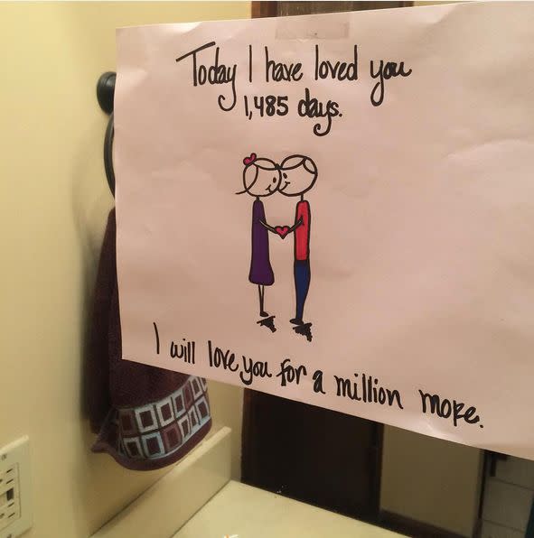 "You're never too old to leave love notes on the mirror. Happy anniversary to my honey and very best friend."