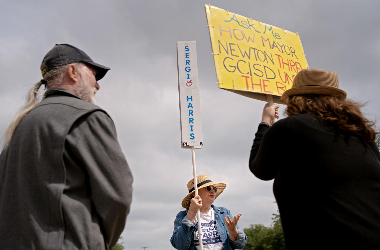 Image: Candidate supporters gather outside of Grapevine Library on Saturday. (Danielle Villasana for NBC News)