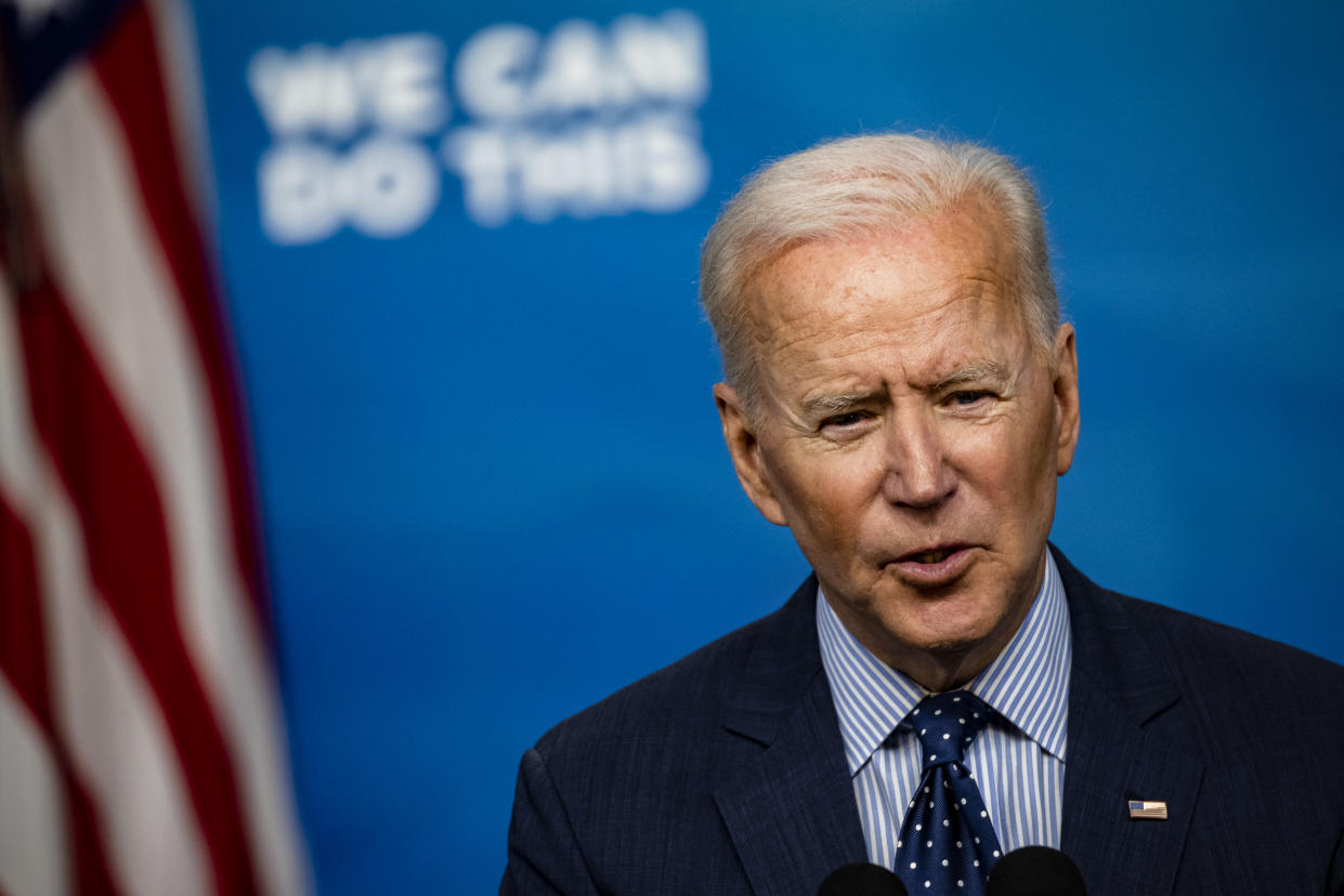 U.S. President Joe Biden speaks in the Eisenhower Executive Office Building in Washington, D.C., U.S., on Wednesday, June 2, 2021. (Samuel Corum/Bloomberg via Getty Images)