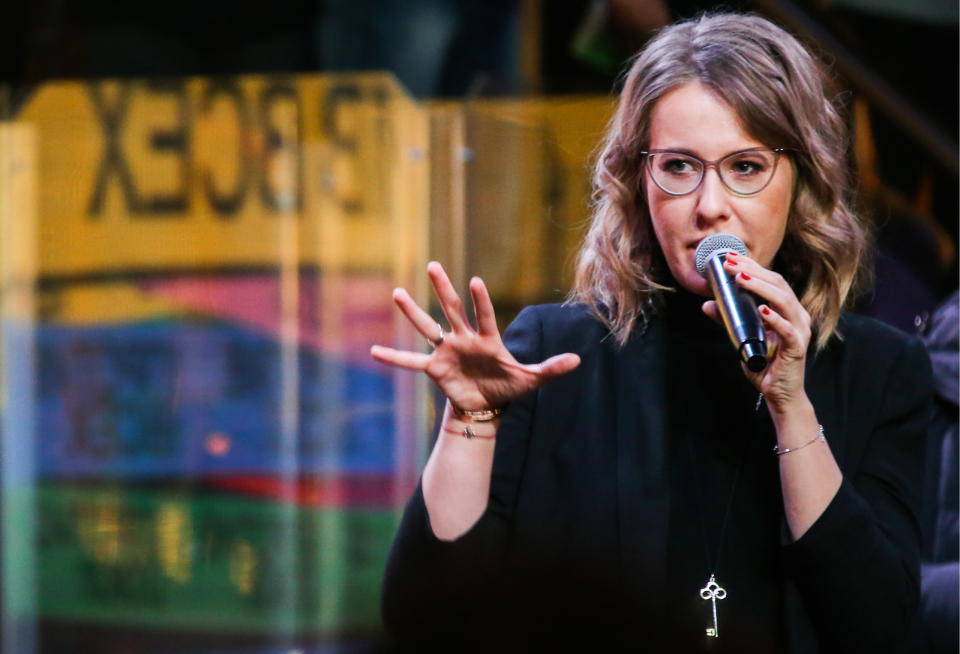 Sobchak speaking to supporters in St. Petersburg on Feb. 3, 2018 (Photo: Getty Images)