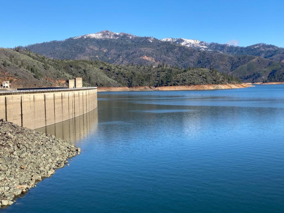 The water level on Lake Shasta has gone up more than 100 feet since Dec. 1, 2022. This is a picture of the back of Shasta Dam on Monday, March 20, 2023.