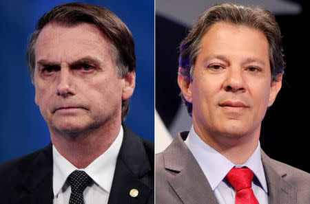 FILE PHOTO: A combination of file photos shows presidential candidate Jair Bolsonaro (L) attending a television debate at the Rede TV studio in Osasco, Brazil August 17, 2018, and presidential candidate Fernando Haddad attending a televised debate in Sao Paulo, Brazil September 26, 2018. REUTERS/Paulo Whitaker/Nacho Doce/File Photo