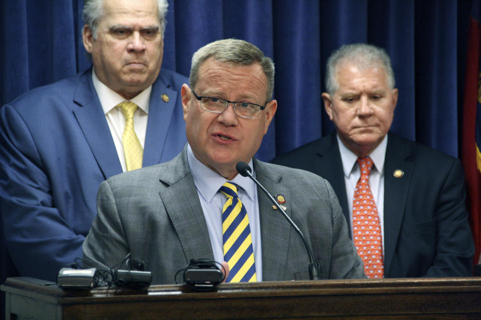 North Carolina House Speaker Tim Moore explains his bill that seeks to define antisemitism at a press conference in the Legislative Building in Raleigh, N.C., on Wednesday, May 8, 2024. He said the bill would guide education in the state, in addition to how local prosecutors may evaluate antisemitic incidents. (AP Photo/Makiya Seminera)